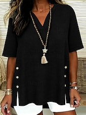 voordelige Overhemden-Dames Overhemden met linnenlook Blouse Overhemd van imitatie linnen Knop Effen Kleur Dagelijks Stijlvol Basic Halve mouw V-hals Normale tops Dagelijks blauw Zwart Geel Rood Paars Zomer Lente Herfst