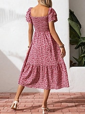 billiga Casual blommiga klänningar-Dam Midiklänning Vardagsklänning Swingklänning Blommig klänning Elegant Mode Modern Utomhus Semester Utekväll Normal Ditsy Floral Kortärmad Fyrkantig hals Blå Svart Rubinrött Purpur Sommar Vår