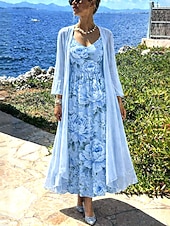 abordables Art &amp; Design Robe-Femmes Robe Ensemble Robe trapèze Élégant Vacances Fleuri Graphique Superposé Imprimé Robe Midi Manche 3/4 Col en V Quotidien Vacances Bleu Vert Claire Rose Claire Été Printemps Coupe régulière