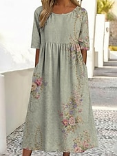  女性用 ミディドレス カジュアルドレス プリントドレス ヴィンテージ アウトドア バケーション お出かけ ルーズフィット フラワー グラフィック ハーフスリーブ クルーネック ブルー ライトパープル パープル グリーン 夏 春