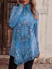 abordables Blusas Florales-Mujer Camisa Blusa Tops de manga larga Costura asimétrica Floral Elegante Clásico Moderno Manga Larga Cuello Alto Tops largos Diario Festivos Noche Azul Piscina Rojo Morado Primavera Otoño