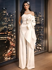 billige Mammas jumpsuits-Bryllupsdusj Bryllup Kjoler Jumpsuits Kjærlighets Uten Ermer Gulv Lengde Satin Bryllupskjoler Med Sløyfe(r) Volanger