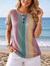  Pentru femei Tricou Imprimeu Nasturi de piept Geometric Dungi Stilat Modern Casual Manșon scurt Henley Topuri obișnuite Zilnic Albastru piscină Vară Primăvară