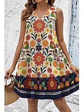 abordables Vestido Boho-Mujer Mini vestido Vestido de verano Vestido de una línea Casual Diario Festivos Holgado Floral Graphic Tribal Sin Mangas Escote en Pico Negro Beige Verano Primavera