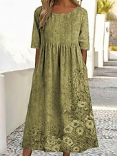  女性用 ミディドレス カジュアルドレス プリントドレス ヴィンテージ アウトドア バケーション お出かけ ルーズフィット フラワー グラフィック ハーフスリーブ クルーネック ブルー イエロー パープル グリーン 夏 春