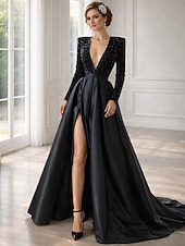 abordables Vestidos de noche de cintura imperio-Vestido de Gala Hasta el Suelo Trajes de gala Vestidos de noche Corte Cenicienta Vestimenta formal Brillos Y Estrellas Manga Larga Escote en Pico Invitado a la boda Fiesta de Boda Bolsillo Satén con