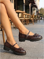 voordelige Platte damesschoenen-Vintage bruine Mary Jane ballerina's voor dames - comfortabele ballerina's met ronde neus en een schattig strikje. &amp;Stevige profielzool voor kantoorwerk en dagelijkse vrijetijdskleding. &amp;schoolmode