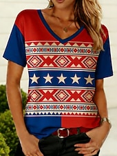  American Independence Day Women's T Shirt Tee Top Print Floral Graphic Graffiti Stylish Classic Casual Short Sleeve V Neck Regular Tops Daily Going out Weekend Blue Red Khaki Summer Spring