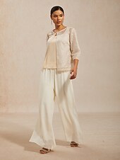 お買い得  レディースブラウススーツ-女性用 シャツ タンクトップ ツインセット レースアップ スパンコール メッシュ エレガント 七分袖 クルーネック 結婚式のゲスト カクテルの服装 シャンパン 夏 春 秋
