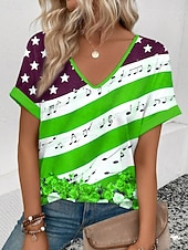  día de la independencia americana Mujer Camiseta Bloque de Color Estampado Graphic Bandera Vintage Elegante Clásico Manga Corta Escote en Pico Tops regulares Diario Fin de semana Ropa de vacaciones