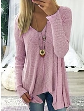 preiswerte Einfache Blusen-Damen Hemd Bluse Patchwork Knöpfe Einfach Vintage Stilvoll Klassisch Langarm V Ausschnitt Lange Oberteile Täglich Ferien Ausgehen Schwarz Weiß Rosa Königsblau Khaki Sommer Frühling