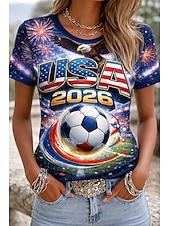  Mulheres Camiseta Imprimir Gráfico Time de futebol à moda Clássico Casual Manga Curta Gola Redonda Tops regulares Diário Azul Verão Primavera