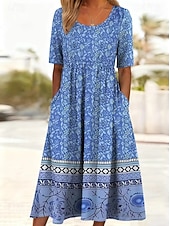 preiswerte Boho Kleider-Damen Midikleid Sommerkleid Urlaub Lässig Boho Täglich Strand Normale Passform Blumen Halbarm Rundhalsausschnitt Blau Rote Dunkelblau Beige Sommer Frühling