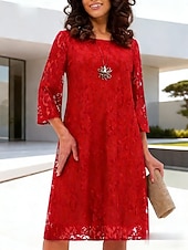 voordelige Eenvoudige jurk-Dames Knielengte jurk Kanten jurk Feestjurk Cocktail jurk Elegant Strand Feest Bruiloft Normale pasvorm Effen Halve mouw V-hals blauw Rood Zomer Lente