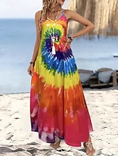 preiswerte Kunst &amp; Design Kleider-Damen Maxikleid Sommerkleid A Linie Kleid Unterkleid Urlaub Lässig Strand Ausgehen Normale Passform Ombre Grafik Batik Ärmellos V Ausschnitt Spaghettiträger Orange Sommer Frühling