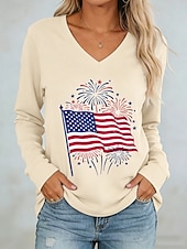  día de la independencia americana Mujer Camiseta Camiseta superior Estampado Graphic Bandera estadounidense Elegante Clásico Casual Manga Larga Escote en Pico Tops regulares Diario Noche Fin de semana