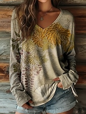  Per donna Maglietta Stampato Floreale Grafico Vintage Casual Boho Manica Lunga Scollo a V Top Regolari Quotidiano Cachi Primavera Autunno