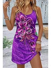 billiga Blommiga klänningar-Dam Mini klänning Solklänning A linjeklänning Sommarklänning Semester Ledigt Boho Strand Fest Bröllop Smal Blommig Grafisk Ärmlös U-hals Blå Gul Rodnande Rosa Rubinrött Sommar Vår