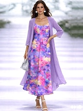 abordables Vestido Floral-Mujer Conjunto de vestido Vestido de una línea Elegante Vacaciones Floral Graphic Multi capa Estampado Vestido maxi Manga 3/4 Escote en Pico Diario Vacaciones Rosa Morado Verano Primavera Ajuste