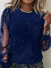 economico Bluse Eleganti-Per donna Strass scintillante Da serata Glitter Patchwork Rete Semplice Moda Moderno Casual Manica Lunga Girocollo Top Regolari Quotidiano Weekend Blu Nero Vino Autunno Inverno