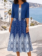 cheap Art&amp;Design Dress-Women's Dress Set A Line Dress Elegant Casual Graphic Geometric Layered Print Midi Dress Half Sleeve V Neck Daily Blue Red Purple Summer Spring Regular Fit
