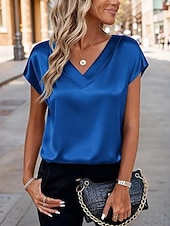 preiswerte Einfache Blusen-Damen Satin-Top Bluse Einfarbig Stilvoll Basic Lässig Kurzarm V Ausschnitt Normale Oberteile Täglich Blau Schwarz Weiß Champagner Rote Sommer Frühling Herbst