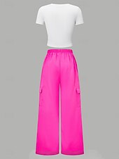 economico Completi per bambine-2 Pezzi Bambini Ragazze Tinta unica Tasca T-shirt e pantaloni Impostato Manica Corta Sport Casuale 7-13 Anni Estate Rosa
