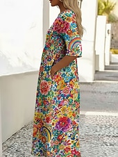 お買い得  花柄ドレス-女性用 ミディドレス カジュアルドレス プリントドレス ファッション アウトドア バケーション お出かけ ルーズフィット フラワー グラフィック 半袖 クルーネック ブルー ライトイエロー パープル グリーン 夏 春