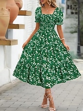 cheap Casual Floral Dresses-Women's Midi Dress Casual Dress Floral Dress Elegant Fashion Modern Outdoor Vacation Going out Regular Fit Floral Short Sleeve Square Neck Blue Black White Pink Summer Spring