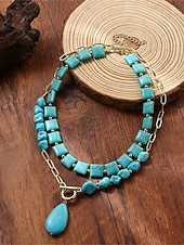 رخيصةأون اكسسوارات العطلة-قلادة نسائية بوهيمية متعددة الطبقات من الفيروز، وقلادة من الخرز المصنوع من الأحجار الصناعية وسلسلة من سبيكة الذهب مع قلادة على شكل دمعة، مناسبة لعطلات الصيف الشاطئية البوهيمية والاستخدام اليومي غير الرسمي