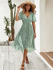 economico Abiti Floreali Stampati-Per donna Abito Midi Abito Boho Vestito in Chiffon Abito Floreale Moda Moderno Vacanza Ferie Vestibilità regolare Fiore Manica Corta Scollo a V Blu Verde chiaro Rosso Blu marino Estate