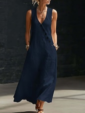 abordables Robes décontractées-Robe longue en coton et lin pour femme, robe d'été, robe trapèze, robe cintrée et évasée, robe de vacances décontractée, style bohème, robe de plage décontractée, robe de soirée ample, robe unie sans