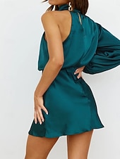 abordables Vestido Sencillo-Mujer Mini vestido Vestido de raso Vestido de Fiesta Vestido Cóctel Vestido tubo Elegante Moda Fiesta Fiesta de Cóctel Cita Ajuste regular Plano Manga Larga Escote Chino turquesa Negro Verde Claro