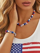  Patriotisches Acryl-Schmuckset für Damen: Halskette und Armband, mehrfarbiger Schmuck in Rot, Weiß und Blau mit Perlen, ideal für die Feierlichkeiten zum 250. Jahrestag der USA, den Unabhängigkeitstag und den Alltag.