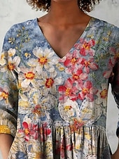  Damen Bluse Druck Blumen Urlaub Täglich Lässig Dreiviertelarm V Ausschnitt Normale Oberteile Täglich Ferien Ausgehen Blau Königsblau Purpur Grün Sommer Frühling Herbst