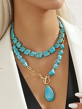 رخيصةأون اكسسوارات العطلة-قلادة نسائية بوهيمية متعددة الطبقات من الفيروز، وقلادة من الخرز المصنوع من الأحجار الصناعية وسلسلة من سبيكة الذهب مع قلادة على شكل دمعة، مناسبة لعطلات الصيف الشاطئية البوهيمية والاستخدام اليومي غير الرسمي