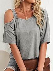 abordables T-shirt uni-Femmes T-shirt Œillet Uni Mode Élégant Classique Manche Courte Col asymétrique Hauts Réguliers Quotidien Sortir Week-end Bleu Noir Blanche Rose Claire Fuchsia Été Printemps