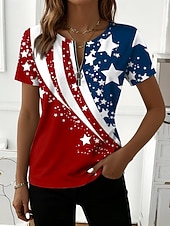  Amerikanischer Unabhängigkeitstag Damen T Shirt Reißverschluss Grafik Amerikanische Flagge Stilvoll Klassisch Lässig Kurzarm Rundhalsausschnitt Normale Oberteile Täglich Wochenende Blau Weiß Rote