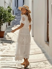 preiswerte Weiße Spitzenkleider-Damen abendkleider Spitzenkleid Schaukelkleid Maxikleid Weiß Kurzarm Einfarbig Spitze Frühling Sommer V Ausschnitt Boho 2023 S M L XL