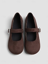 voordelige Platte damesschoenen-Dames Mary Jane platte schoenen met brede pasvorm in koffiekleur – comfortabele, casual platte schoenen met ronde neus en gesp met strasssteentjes, geschikt voor werk, dagelijkse wandelingen en buitenactiviteiten.