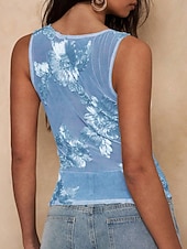 voordelige Gewone Tank-Dames Singlet Mouwloos shirt T-shirt Geborduurd Netstof Bloemig Modieus Klassiek Casual Mouwloos Strakke ronde hals Normale tops Dagelijks Uitgaan Weekend blauw Abrikoos Zomer Lente