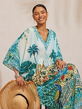 billige uformell kjole med trykk-Balearene blå flagrende chiffon maxikjole med dolmanermer