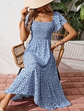 billiga Casual blommiga klänningar-Dam Midiklänning Vardagsklänning Swingklänning Blommig klänning Elegant Mode Modern Utomhus Semester Utekväll Normal Ditsy Floral Kortärmad Fyrkantig hals Blå Svart Rubinrött Purpur Sommar Vår