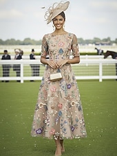 billige Ankellengde-A-linje Kjoler Ankellengde Cocktail Kjole Gjestekjole til bryllup Kjole til brudens mor Halvlange ermer V-hals Elegant Fritid Formell Bryllupsgjest Kentucky Derby Chiffon Tyll med Blomstertrykk