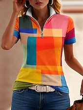 abordables Camiseta a rayas y geométrica-Mujer Camiseta Cremallera Cremallera de un cuarto Graphic Geométrico Bloque de color Tropical Hawaiano Elegante Manga Corta Cuello Alto Tops regulares boda en la playa Diario Deportes Azul Piscina