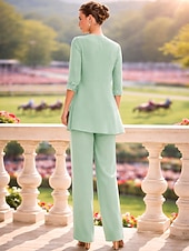 preiswerte Hosenanzüge für Mama-Overall Hosenanzug Dreiteilig Bodenlang Brautmutterkleid Dreiviertelarm Rundausschnitt Elegant Formell Hochzeitsgast Chiffon Spitze Paillettenbesetzt mit Spitze Paillette