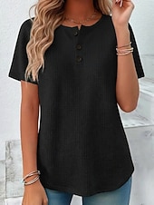 abordables Camiseta lisa-Mujer Camiseta Tops de verano Tops de punto gofre Botón frontal Graphic Plano Elegante Clásico Manga Corta Cuello Barco Tops regulares Diario Noche Ropa de playa Negro Blanco Amarillo Rojo Naranja