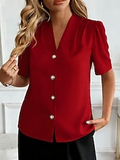 abordables Blusas Elegantes-Mujer Camisa Camisa con botones Camisa casual Botones Plano Elegante Clásico Moderno Manga Corta Escote en Pico Tops regulares Diario Festivos Noche Azul Piscina Negro Blanco Vino Albaricoque Verano