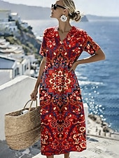 cheap Boho Dress-Women's Midi Dress Shift Dress Sundress Vacation Casual Beach Daily Going out Regular Fit Graphic Geometric Short Sleeve V Neck Blue Red Purple Green Summer Spring