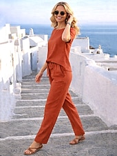 preiswerte Wesentliche Faux Co-ord Sets-Damen Hosen-Sets Bolero Kunstbaumwollleinen Kurzarm Rundhals Einfarbig Mode Streetwear Lässig Täglich Outdoor Blau Orange Grün Sommer Lässiger Schnitt